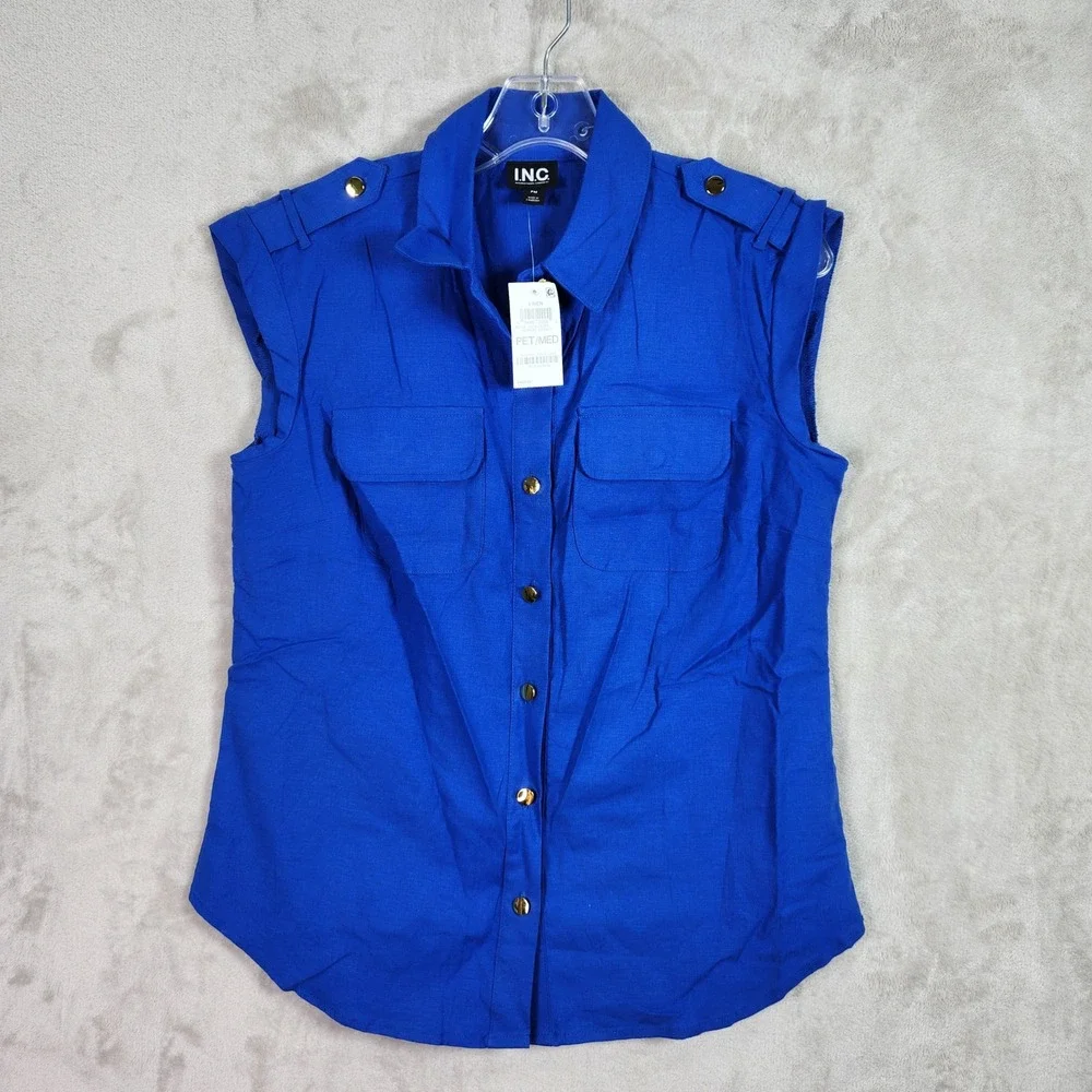 INC International Concepts Button Front Shirt Womens PM Blue Linen Blend Utility